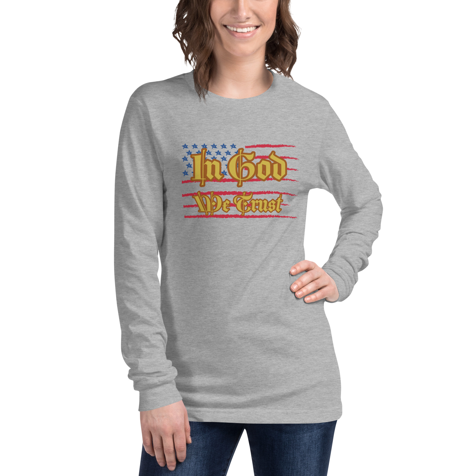 woman wearing athletic heather “In God We Trust” Unisex Long Sleeve Tee by Fitness for Worship