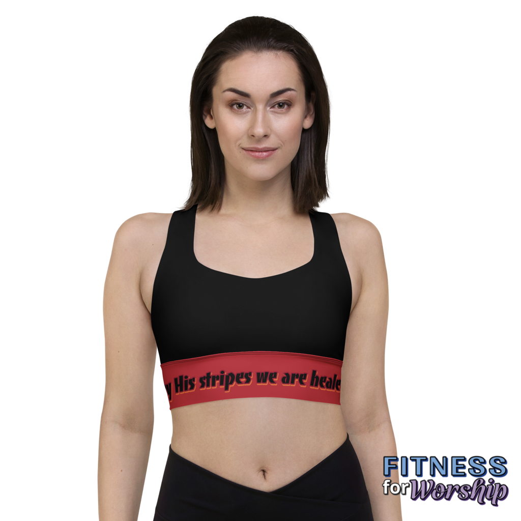 woman wearing Healed By His Stripes Isaiah 53:5 Red Longline Sports Bra by Fitness for Worship