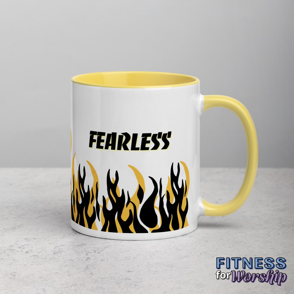 yellow "Fearless" with Flames 11 oz Ceramic Mug by Fitness for Worship
