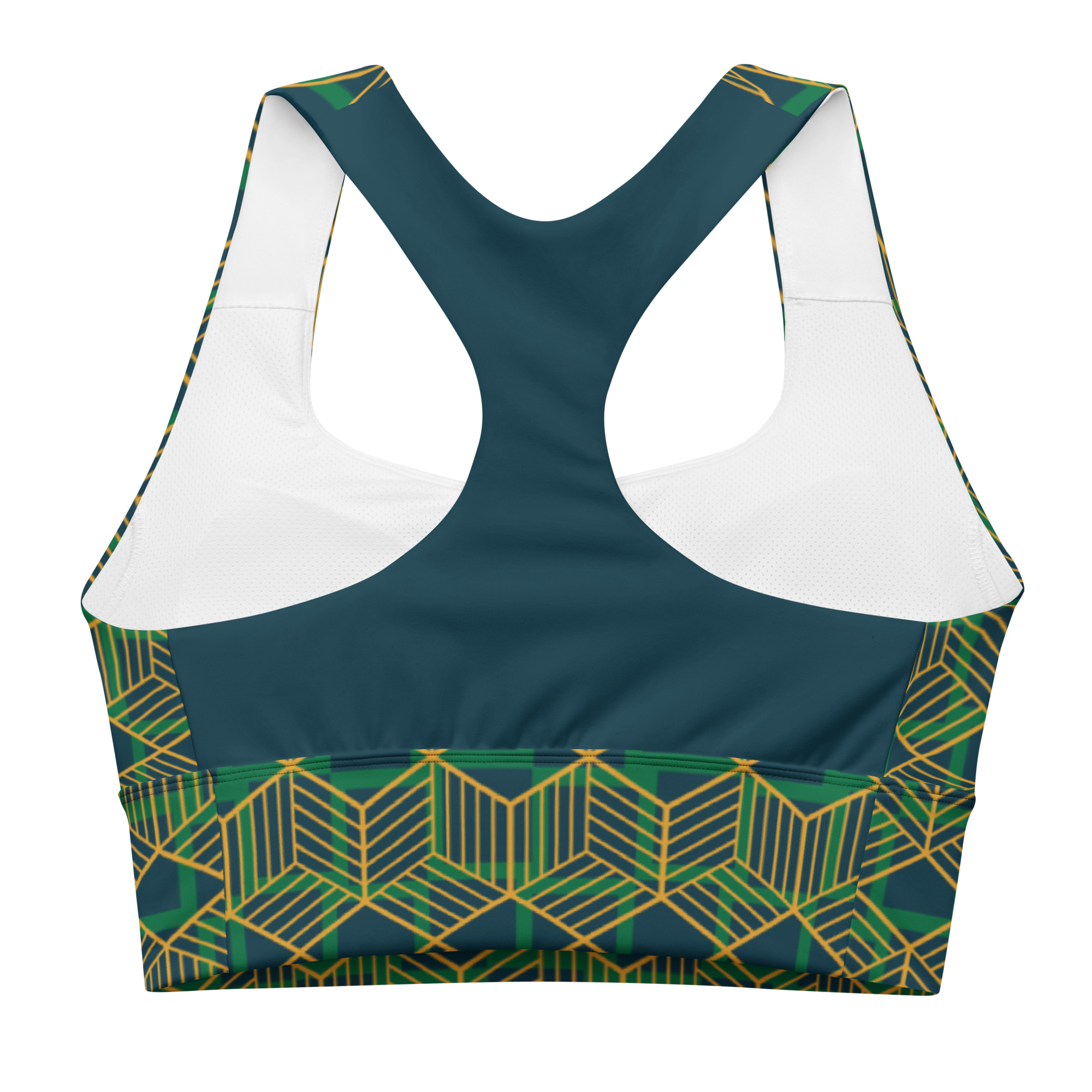 Back of Green Geometric Pattern Longline Compression Sports Bra by Fitness for Worship