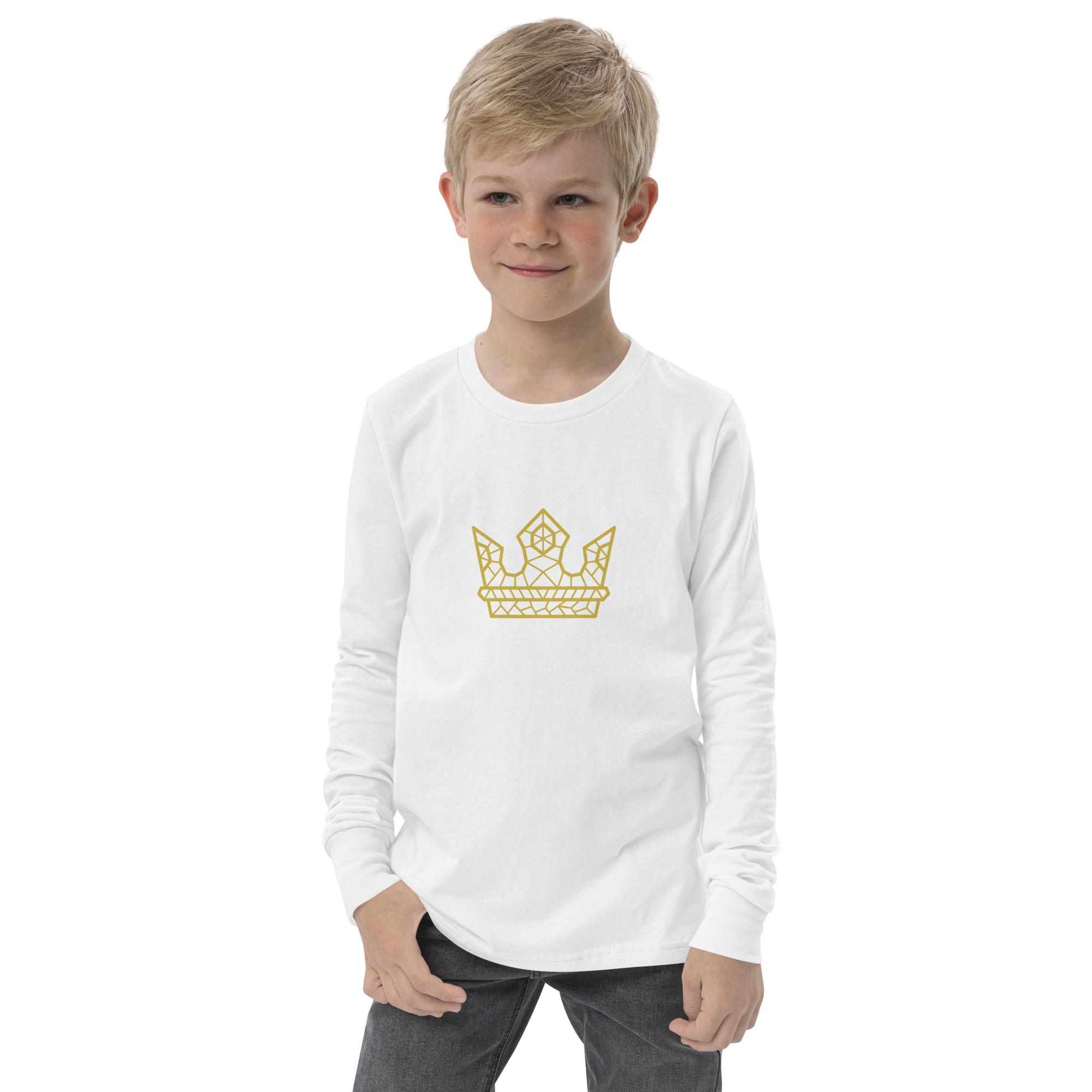 boy wearing white Gold Crown Long Sleeve Tee for Youth by Fitness for Worship