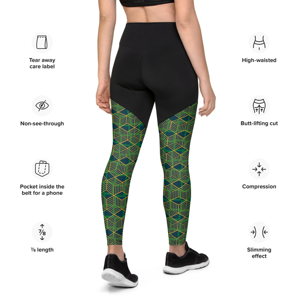Green Geometric Compression Sports Leggings (back)