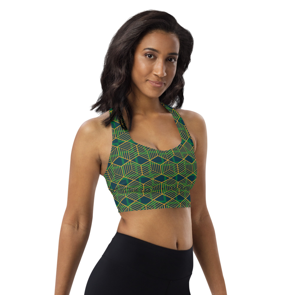 Woman wearing Green Geometric Pattern Longline Compression Sports Bra by Fitness for Worship