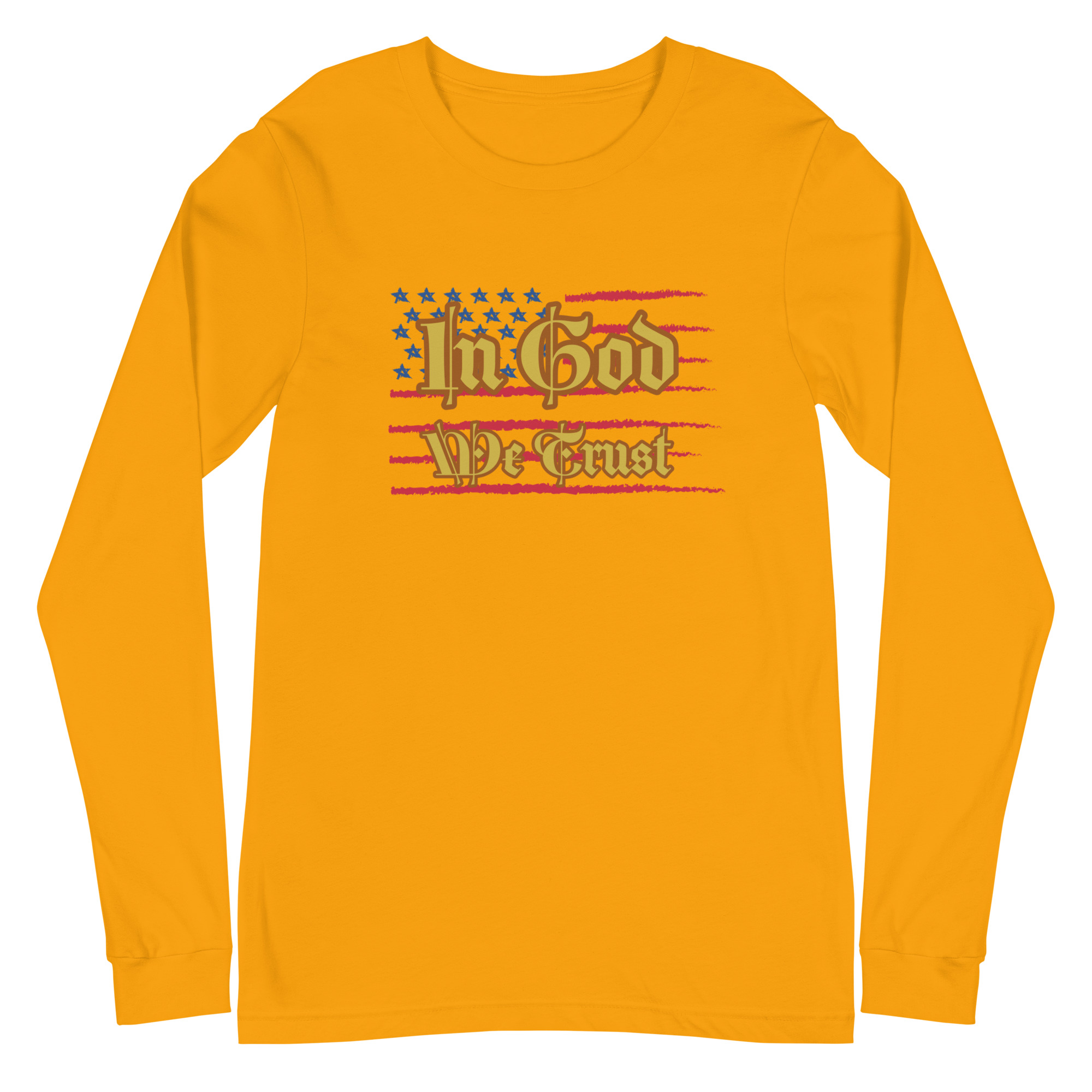 gold “In God We Trust” Unisex Long Sleeve Tee by Fitness for Worship