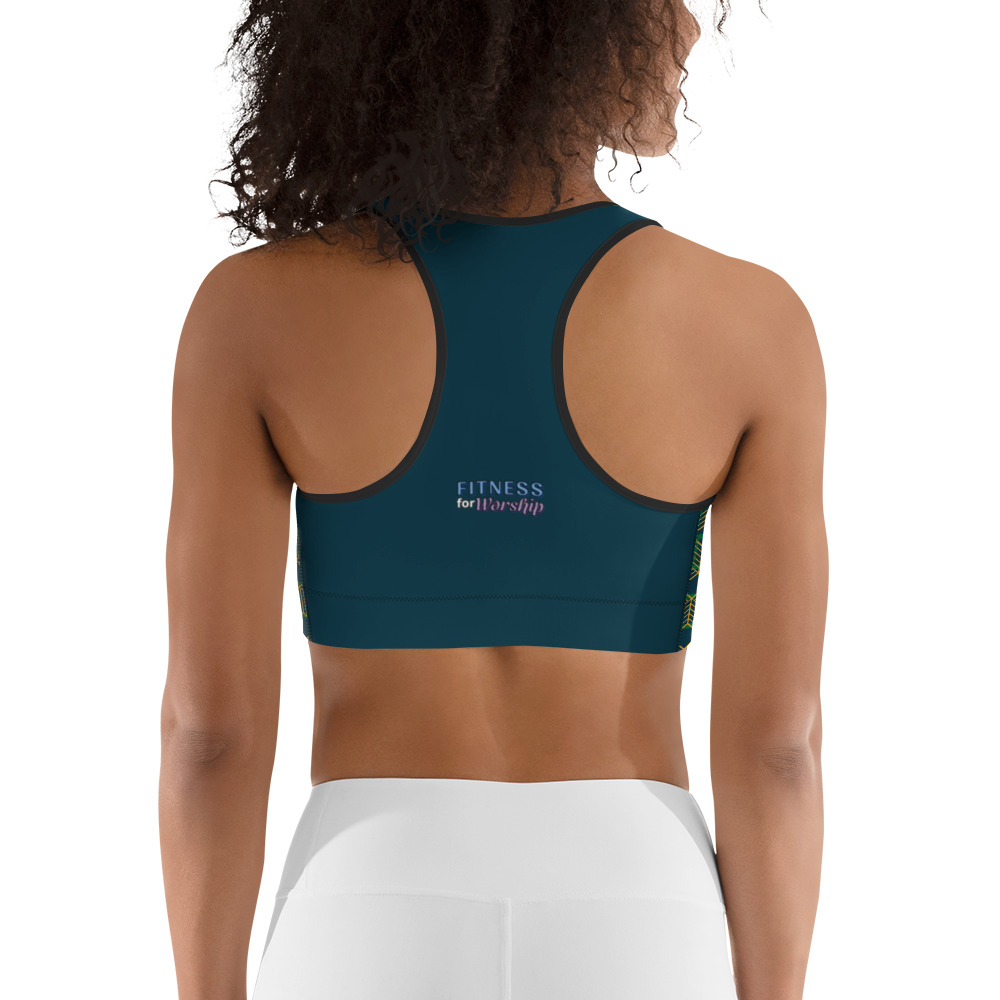 Back of Woman wearing Green Geometric Sports Bra by Fitness for Worship