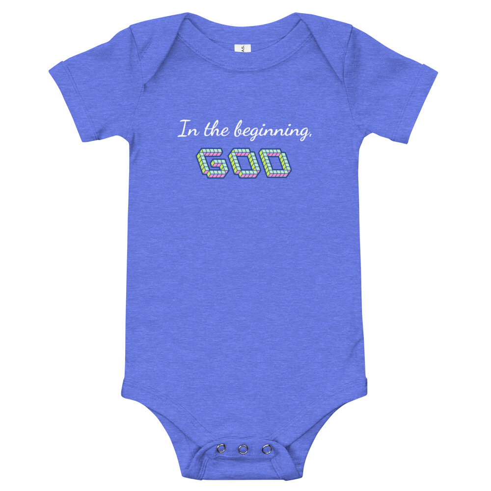 blue “In the Beginning, God” Baby One Piece Bodysuit by Fitness for Worship