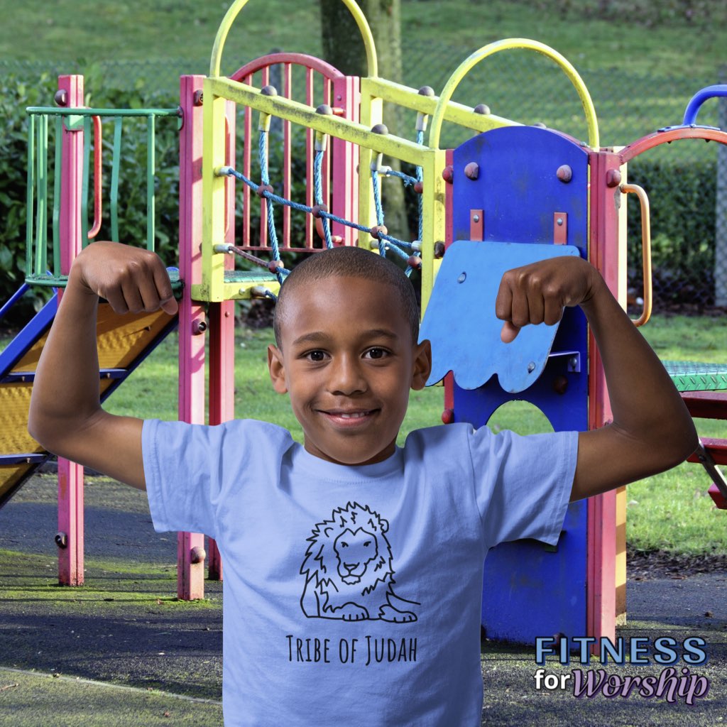 Boy in playground wearing blue Lion Tribe of Judah Short Sleeve T-Shirt for Toddlers by Fitness for Worship
