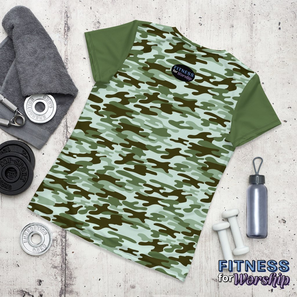 back of Green Camo Athletic Mesh T-shirt for Women by Fitness for Worship