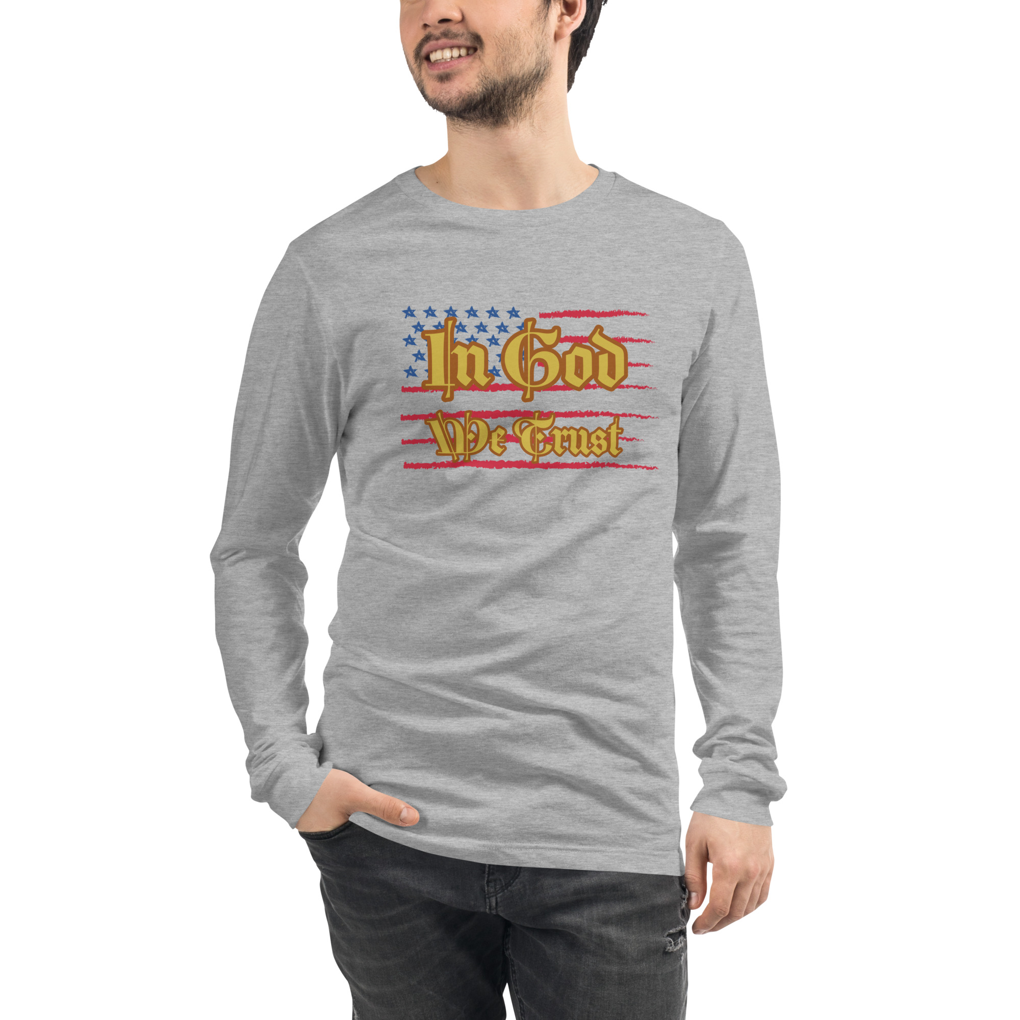 man wearing athletic heather “In God We Trust” Unisex Long Sleeve Tee by Fitness for Worship