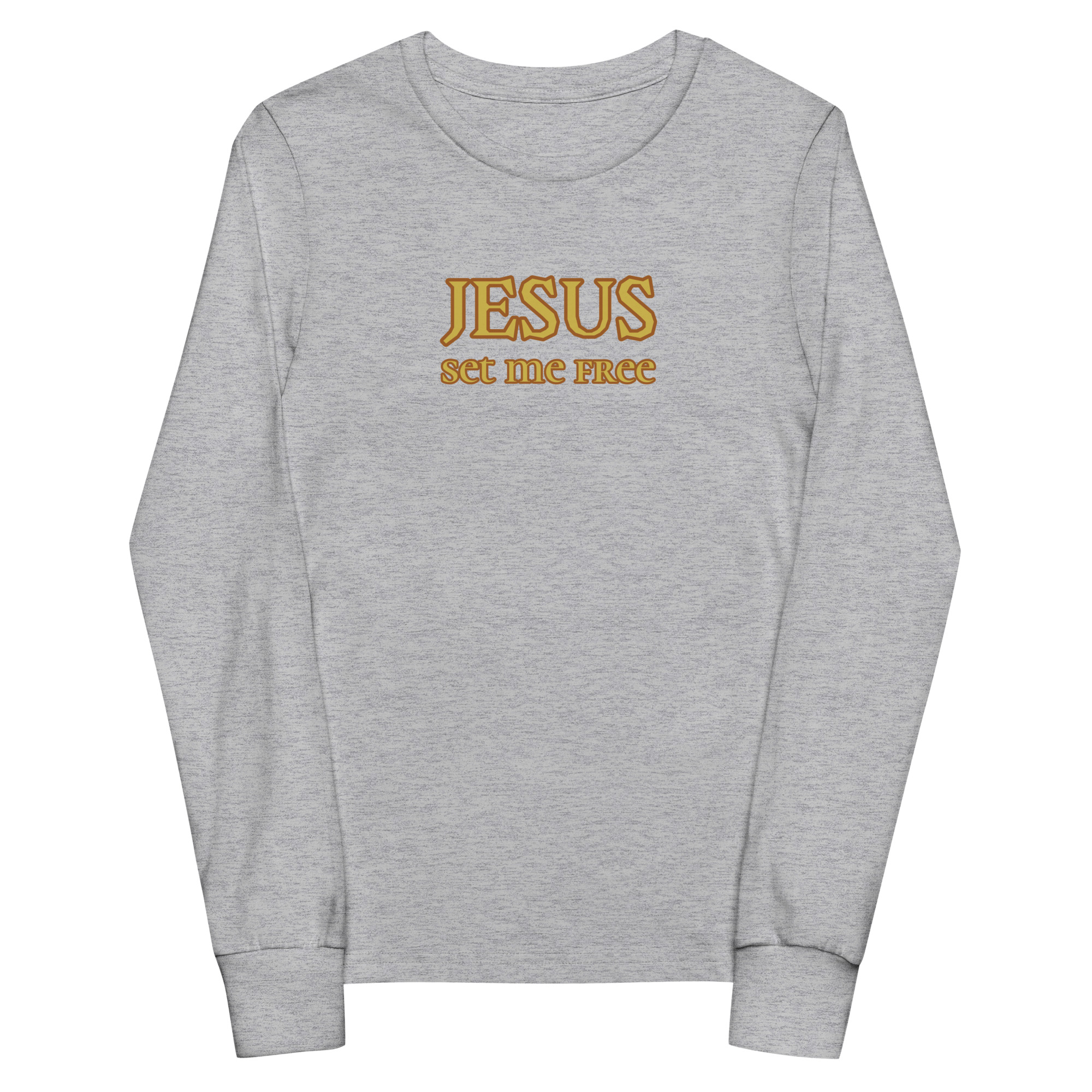athletic heather “Jesus Set Me Free” Long Sleeve Tee for Youth by Fitness for Worship