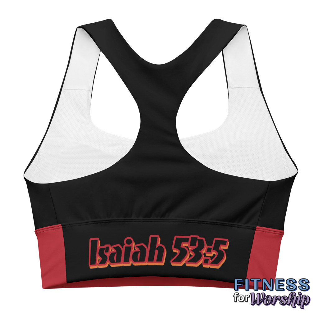back of Healed By His Stripes Isaiah 53:5 Red Longline Sports Bra by Fitness for Worship