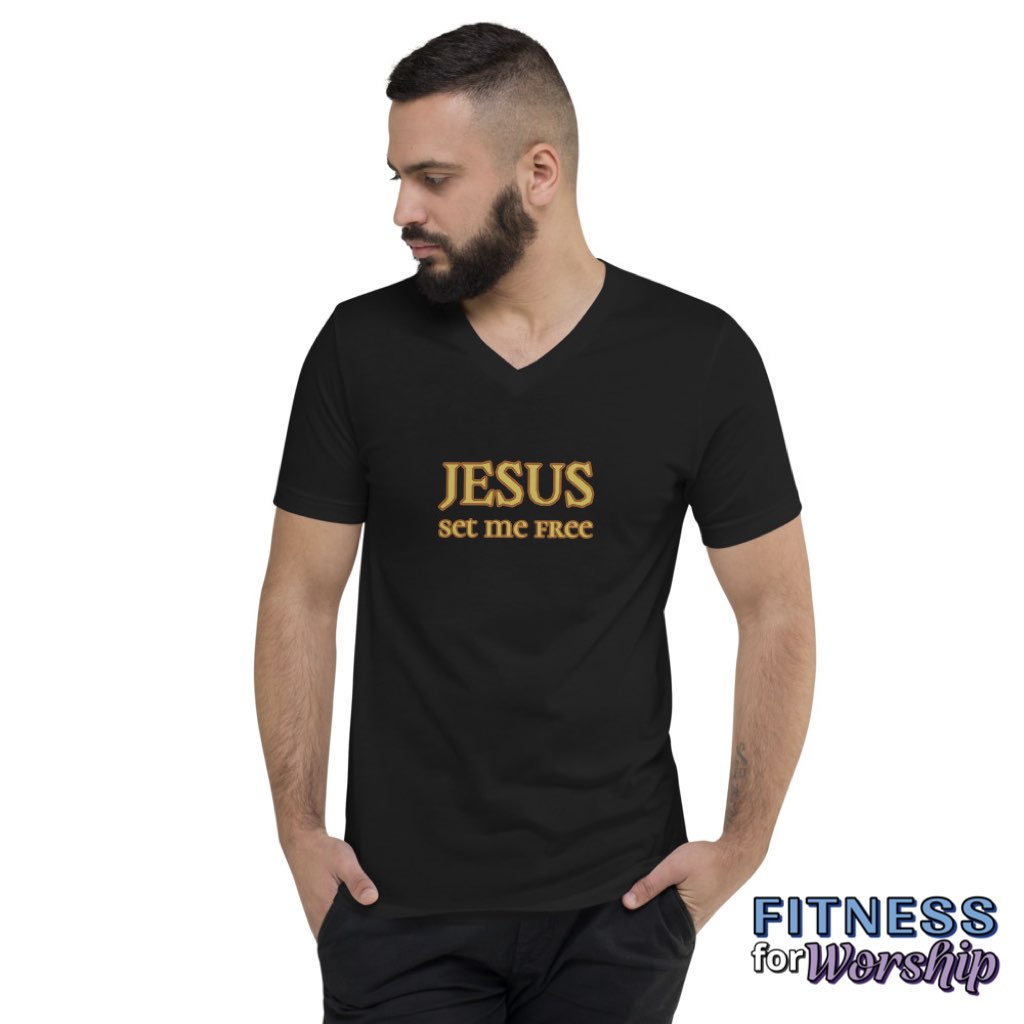 man wearing black “Jesus Set Me Free” Short Sleeve V-Neck T-Shirt by Fitness for Worship