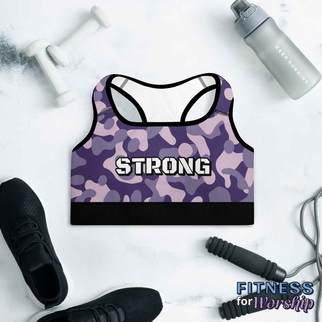 STRONG Purple Camo Padded Sports Bra by Fitness for Worship