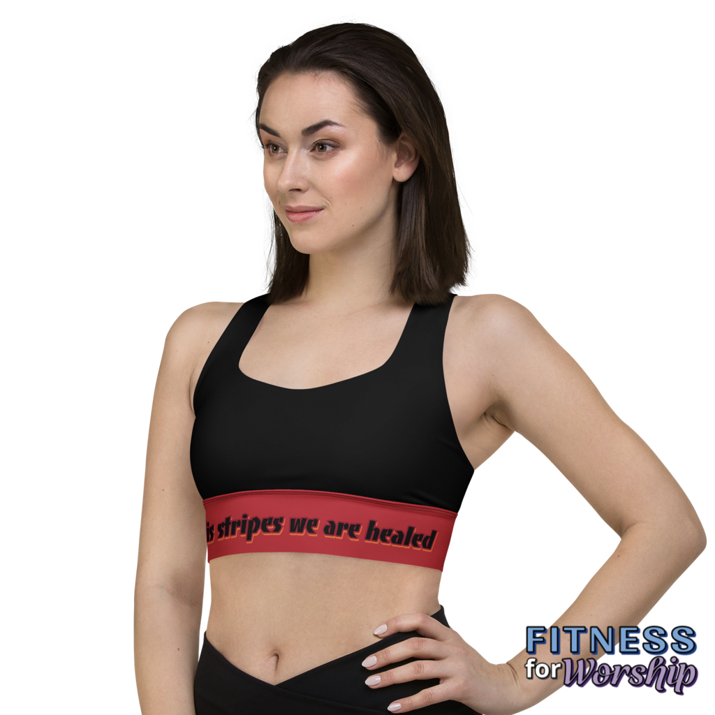 woman wearing Healed By His Stripes Isaiah 53:5 Red Longline Sports Bra by Fitness for Worship