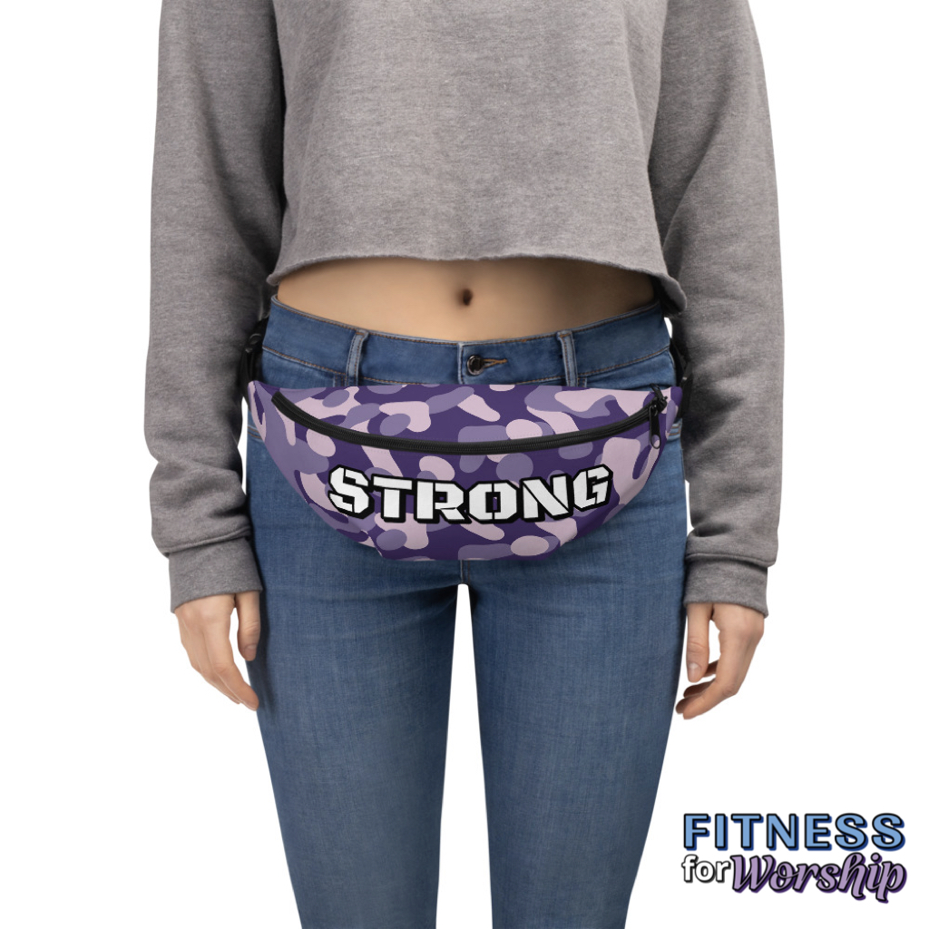 woman wearing STRONG Purple Camo Waist Bag by Fitness for Worship