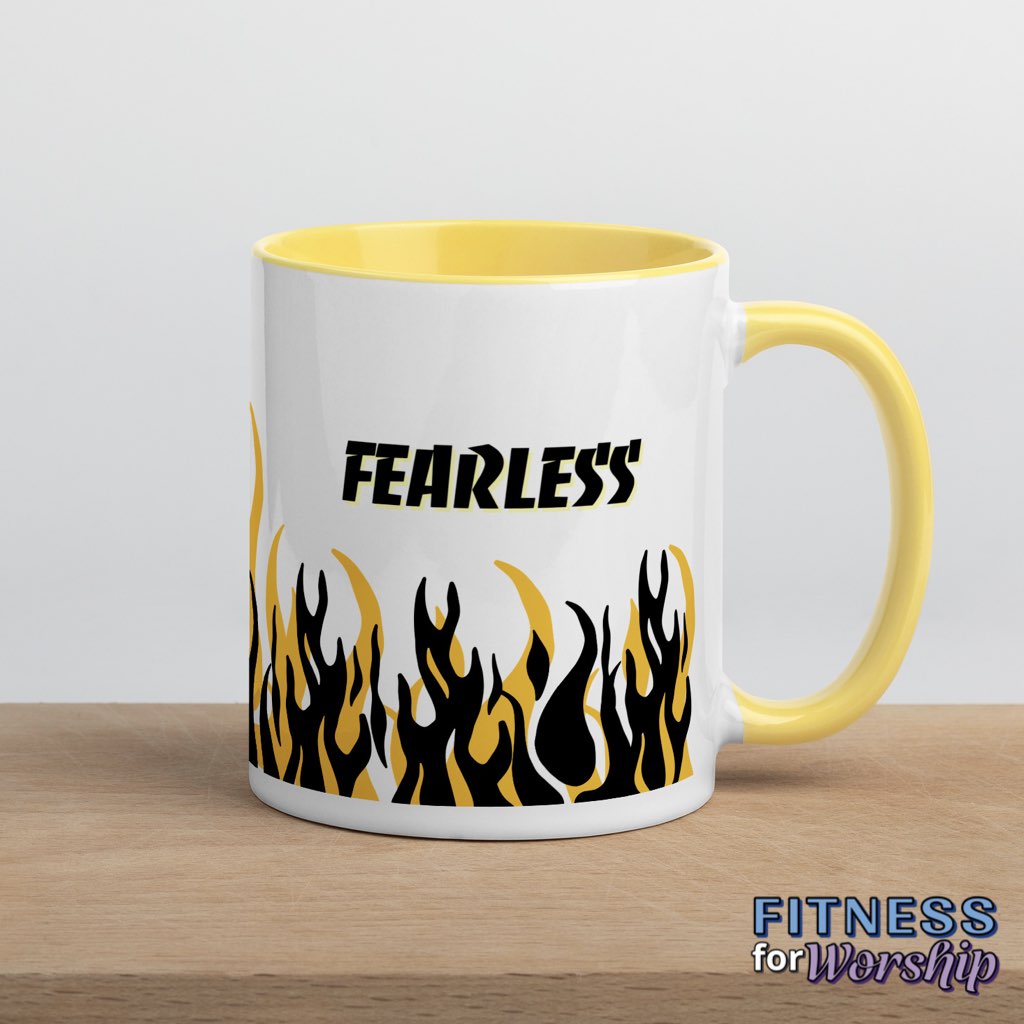 yellow "Fearless" with Flames 11 oz Ceramic Mug by Fitness for Worship