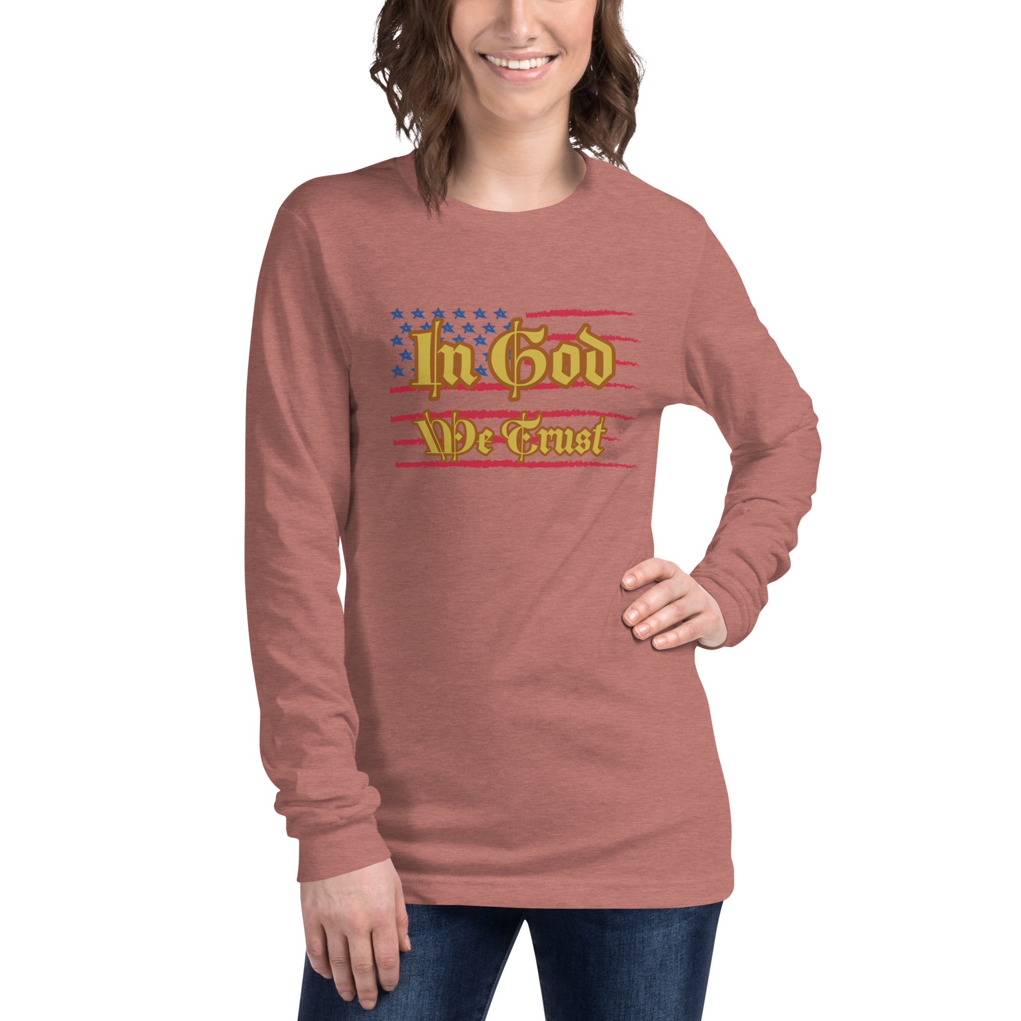 woman wearing heather mauve “In God We Trust” Unisex Long Sleeve Tee by Fitness for Worship