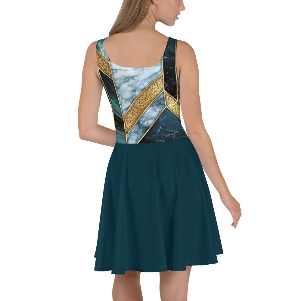 back of woman wearing Turquoise Marble Gold Skater Dress by Fitness for Worship