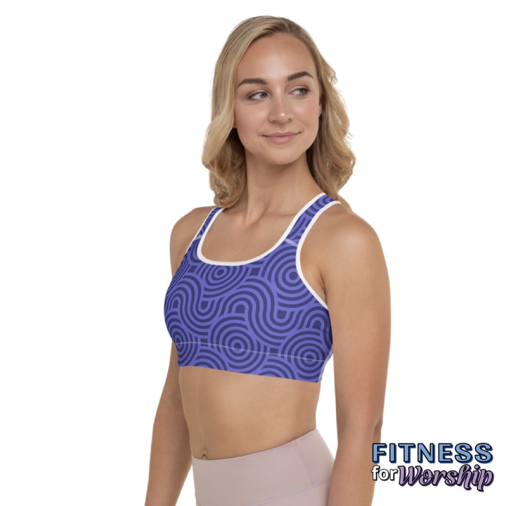 woman wearing Geometric Purple Slate Blue Padded Sports Bra by Fitness for Worship
