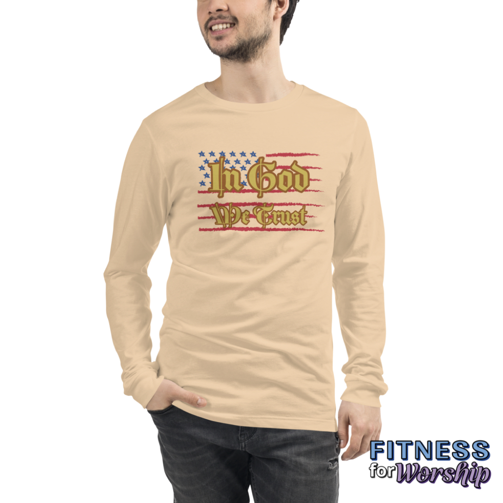 man wearing In God We Trust Long Sleeve T-Shirt by Fitness for Worship