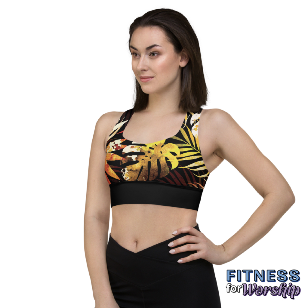 woman wearing Autumn Leaves Longline Sports Bra by Fitness for Worship