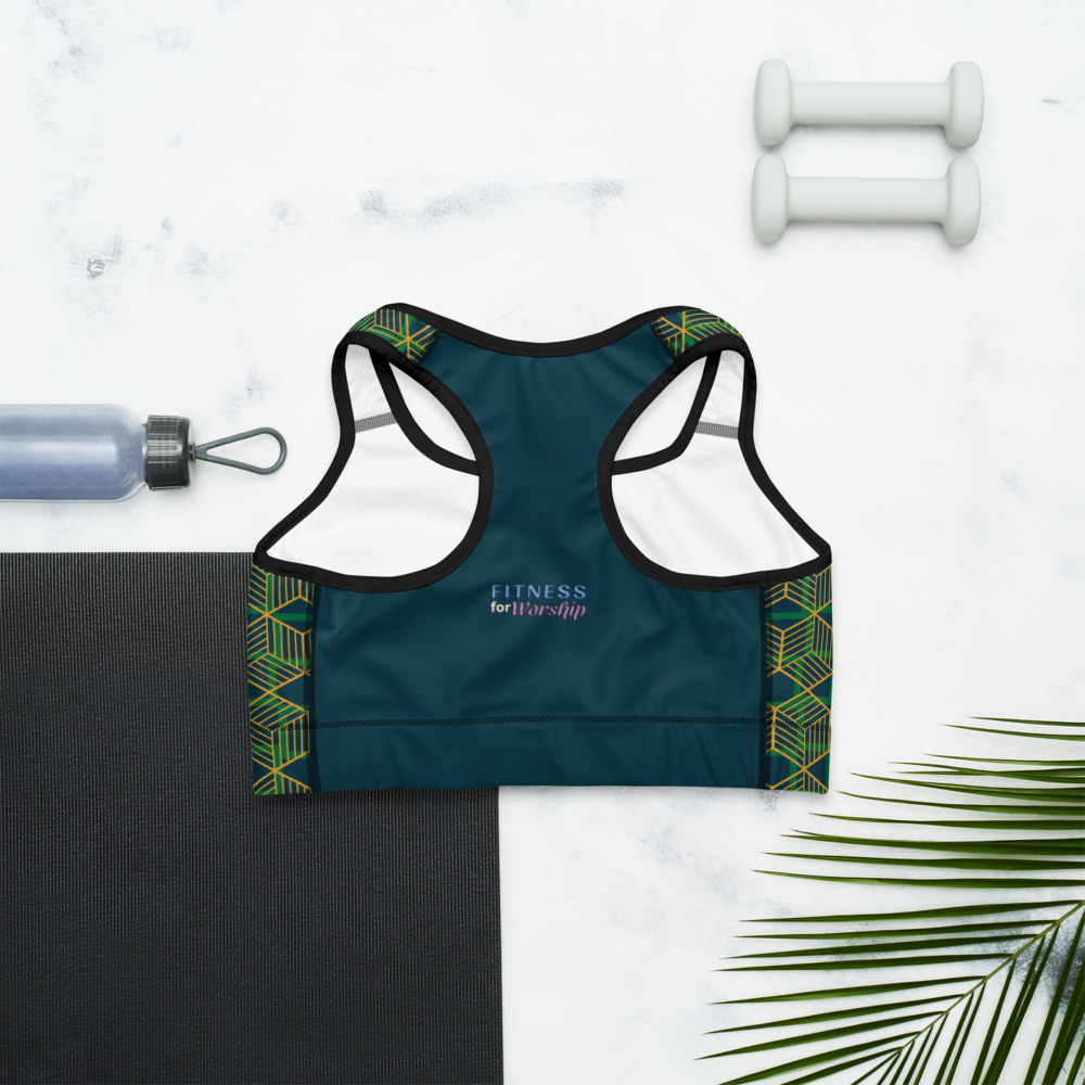 Back of Green Geometric Sports Bra by Fitness for Worship
