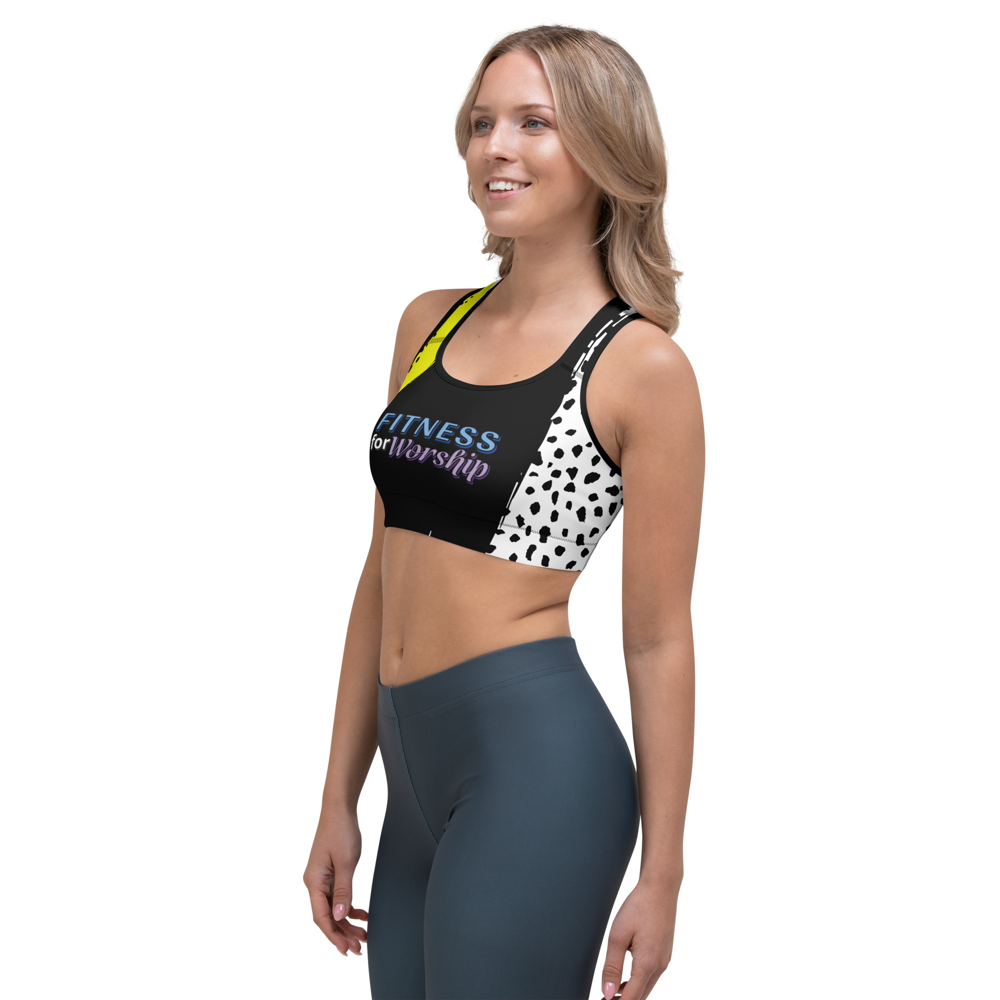 woman wearing back of woman wearing Fitness for Worship Sports Bra (black/yellow/white)