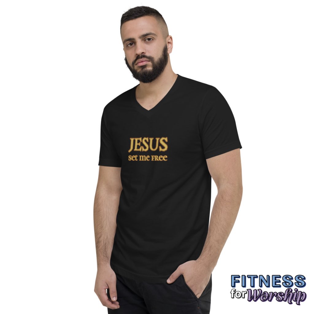 man wearing black “Jesus Set Me Free” Short Sleeve V-Neck T-Shirt by Fitness for Worship