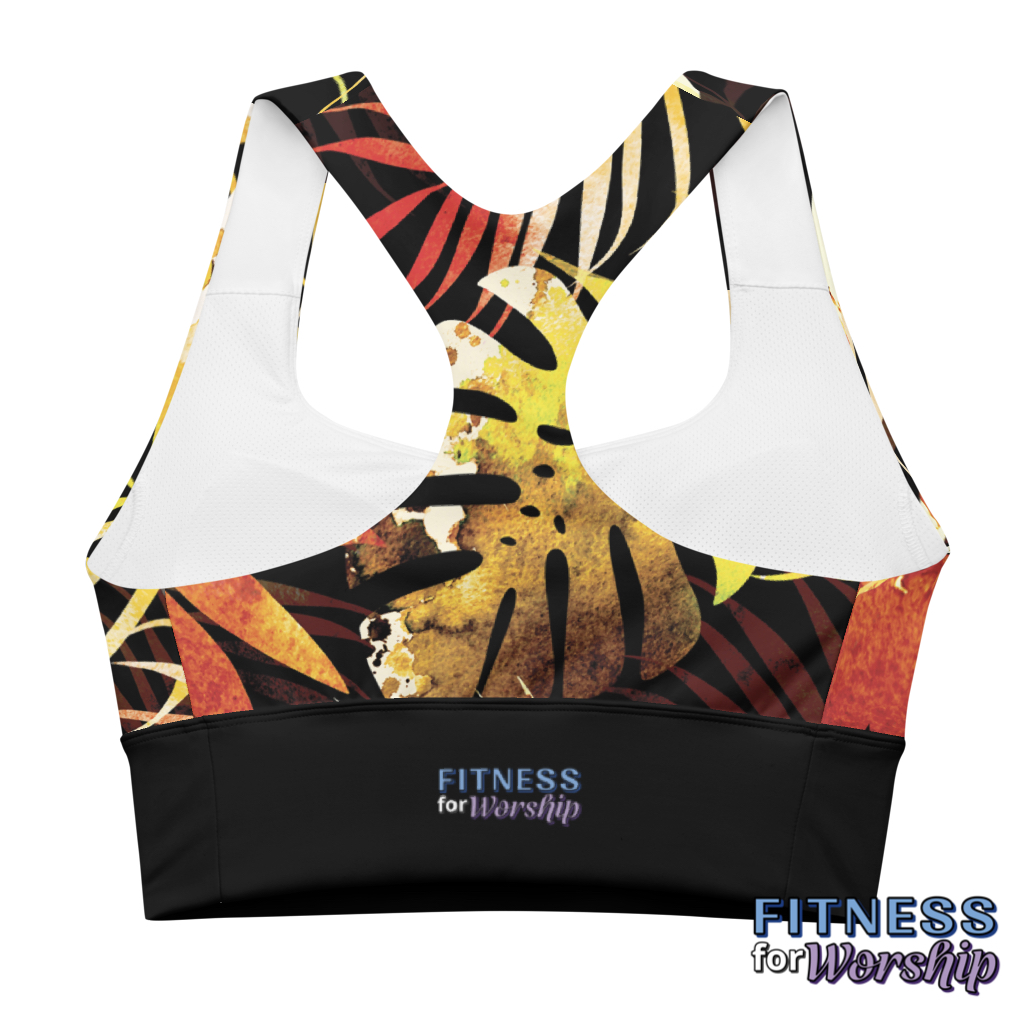 back of Autumn Leaves Longline Sports Bra by Fitness for Worship