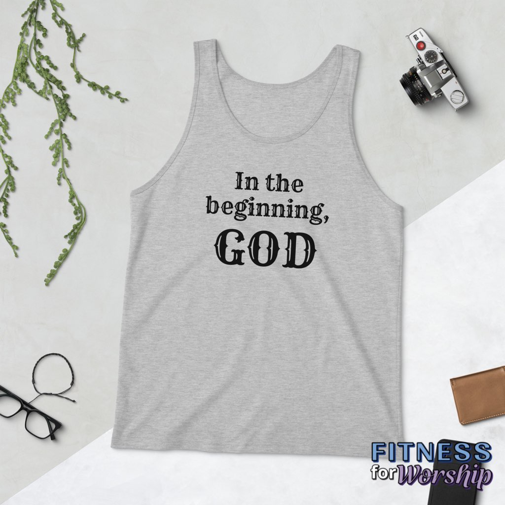 athletic heather “In the Beginning, God” Tank Top for Men by Fitness for Worship
