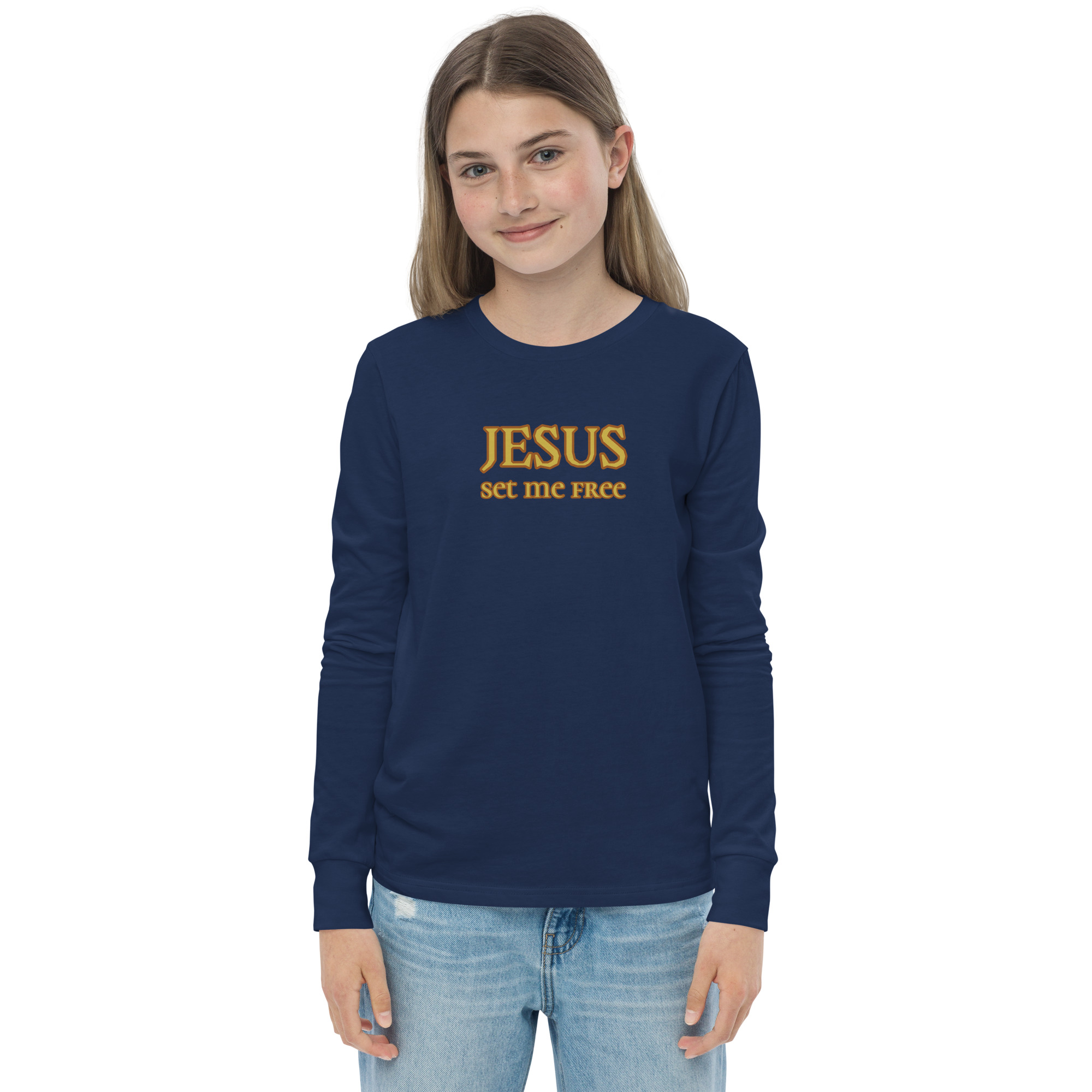 girl wearing navy “Jesus Set Me Free” Long Sleeve Tee for Youth by Fitness for Worship