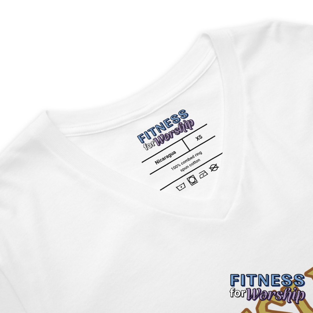 inside label of white “Jesus Set Me Free” Short Sleeve V-Neck T-Shirt by Fitness for Worship