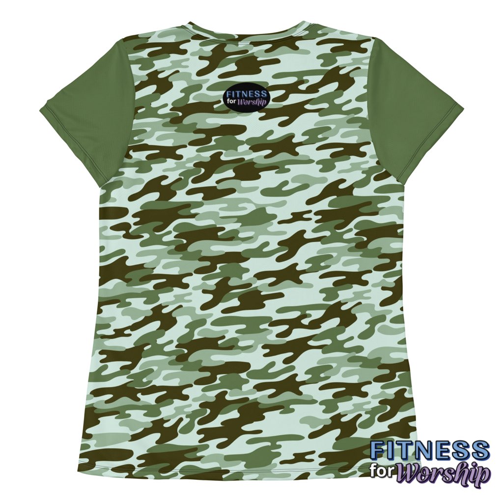 back of Green Camo Athletic Mesh T-shirt for Women by Fitness for Worship