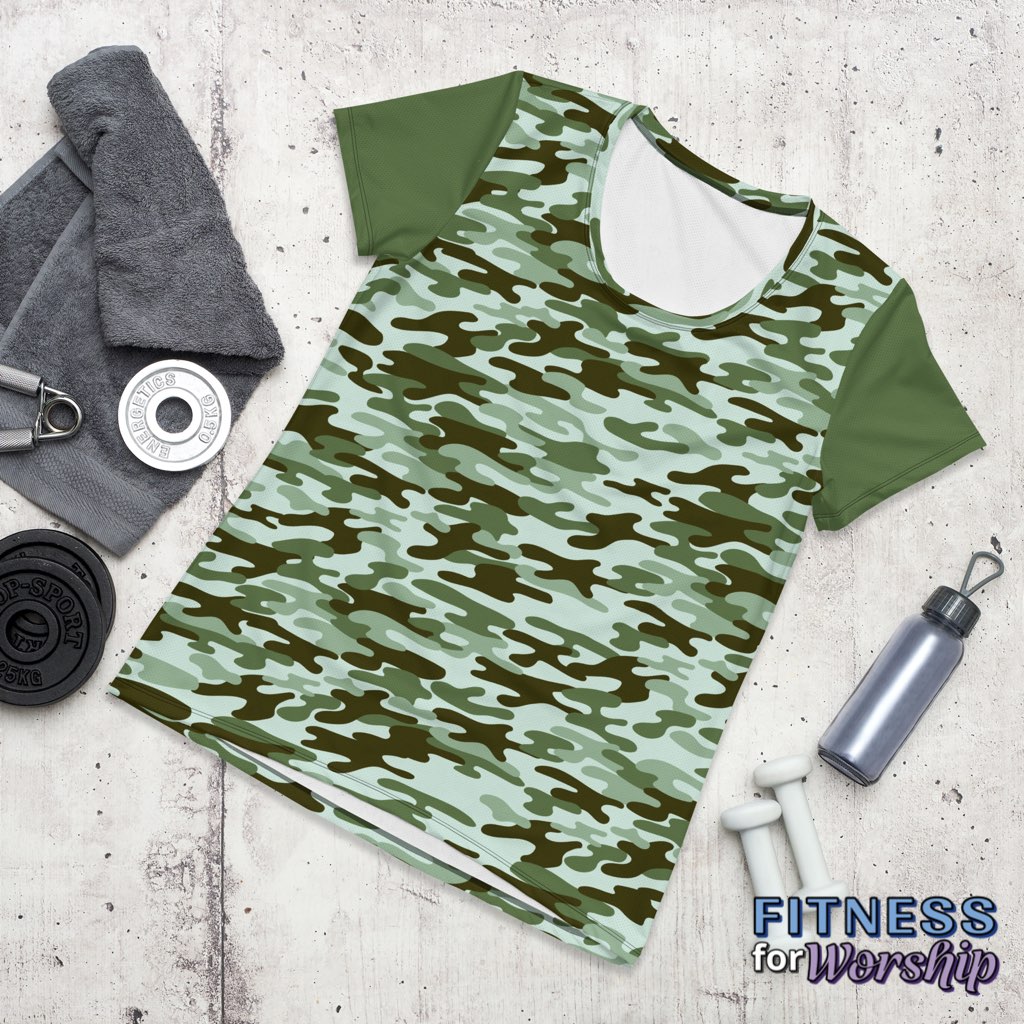 Green Camo Athletic Mesh T-shirt for Women by Fitness for Worship