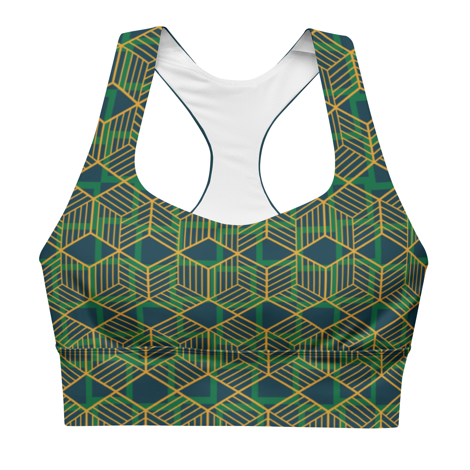 Green Geometric Pattern Longline Compression Sports Bra by Fitness for Worship
