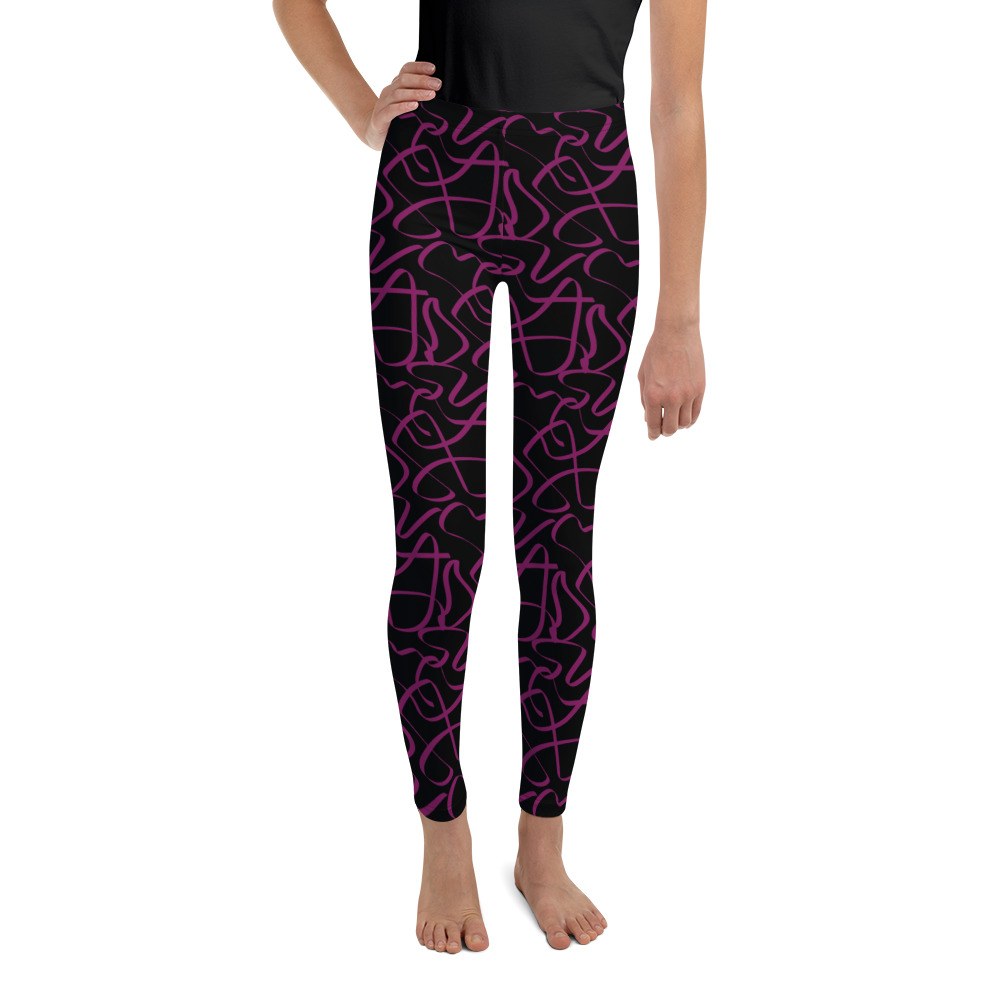 Burgundy Squiggles Black Leggings for Youth by Fitness for Worship