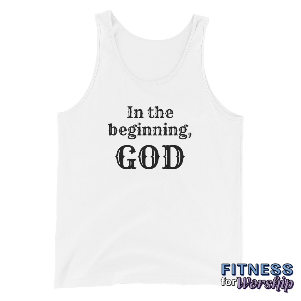 White “In the Beginning, God” Tank Top for Men by Fitness for Worship
