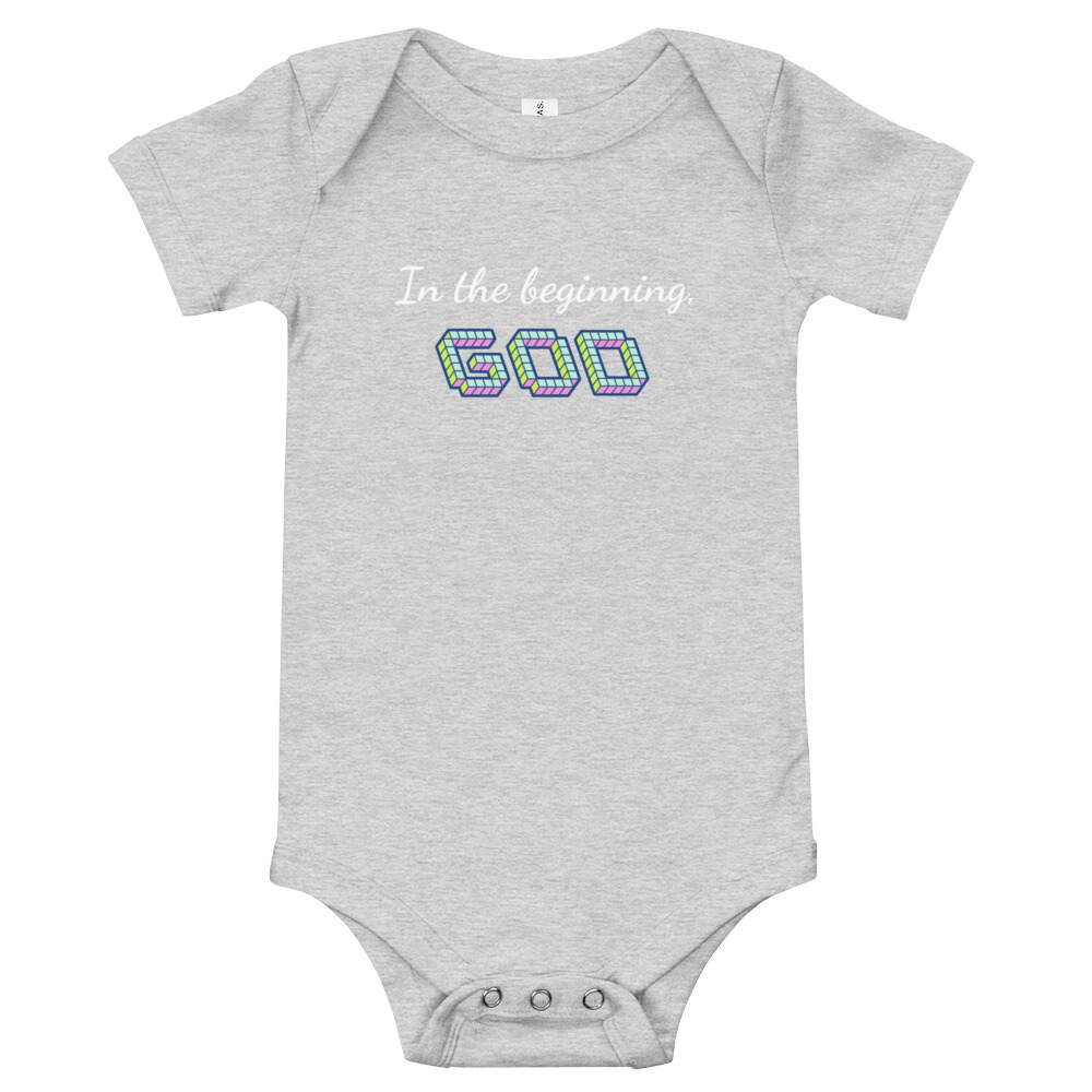 athletic heather “In the Beginning, God” Baby One Piece Bodysuit by Fitness for Worship