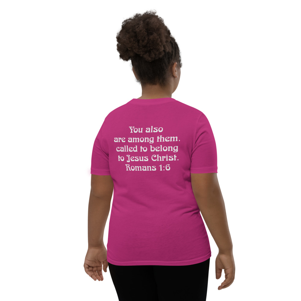 Youth Called T-Shirt in Berry, back showing Romans 1:6 scripture
