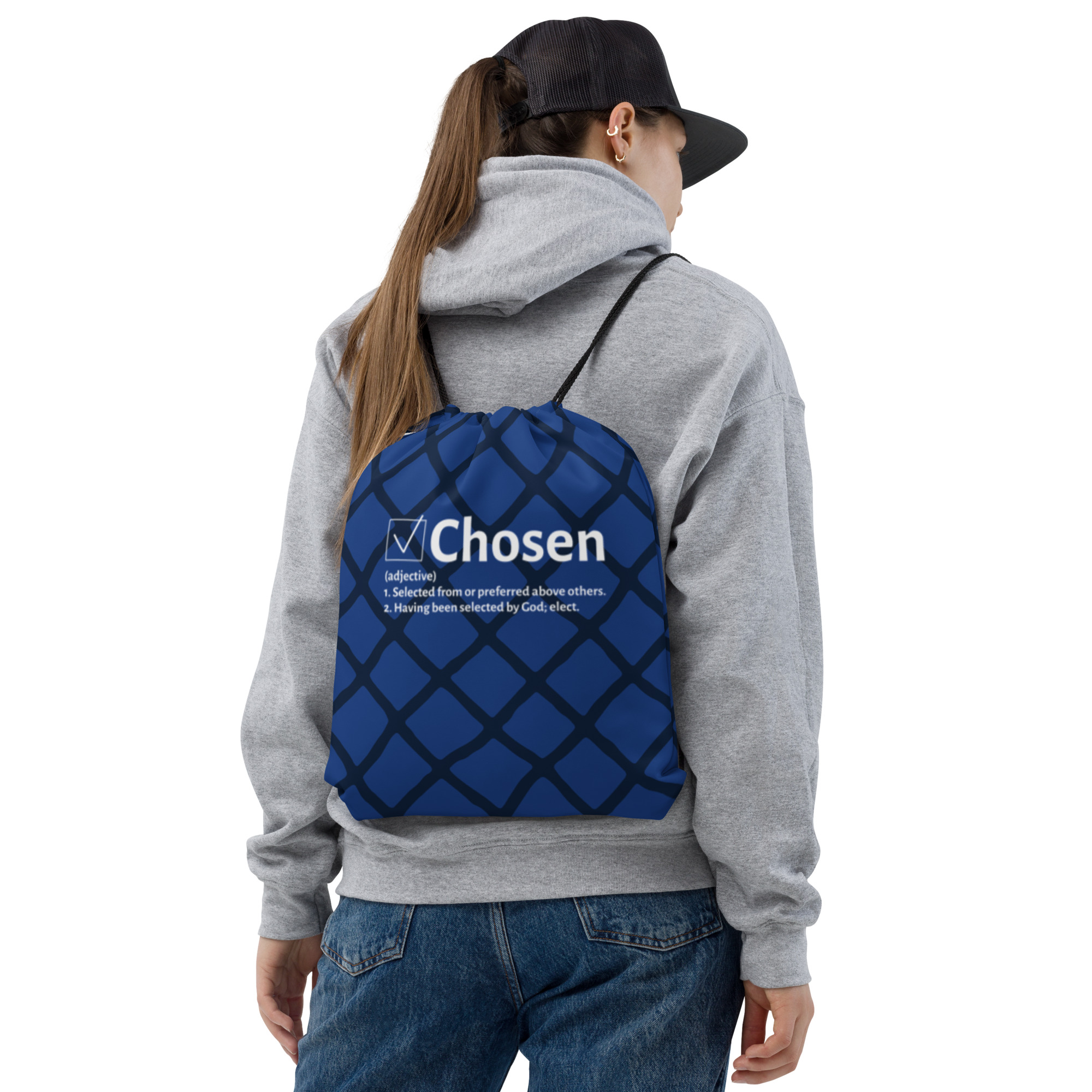 woman wearing Chosen Blue Drawstring Bag by Fitness for Worship