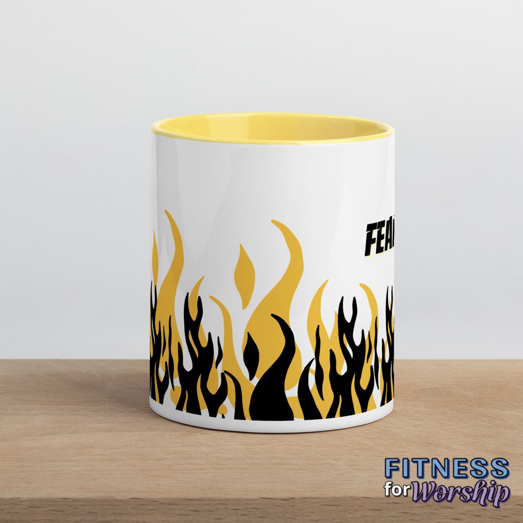 yellow "Fearless" with Flames 11 oz Ceramic Mug by Fitness for Worship