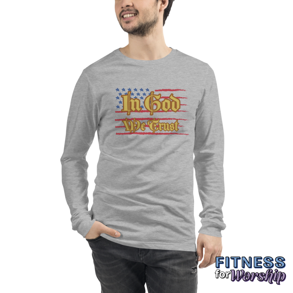 man wearing athletic heather In God We Trust Long Sleeve T-Shirt by Fitness for Worship