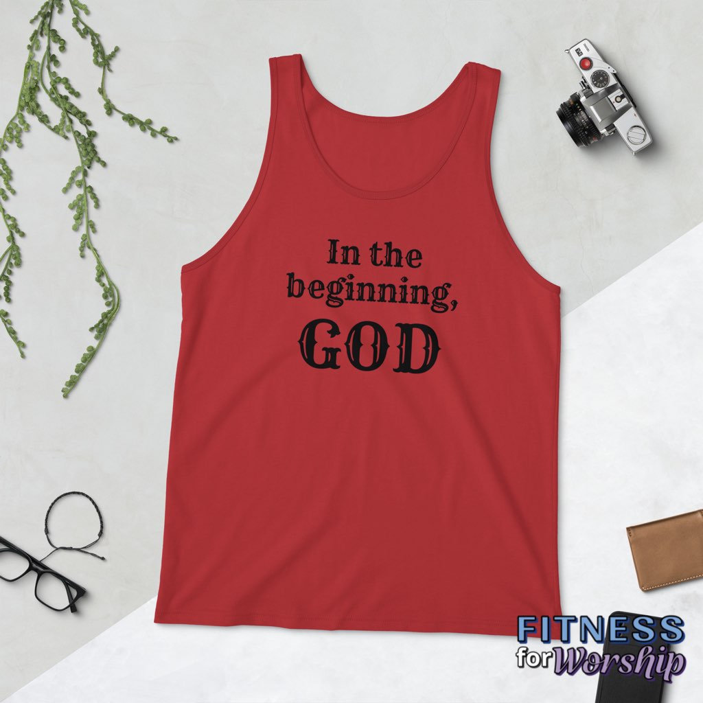 red “In the Beginning, God” Tank Top for Men by Fitness for Worship