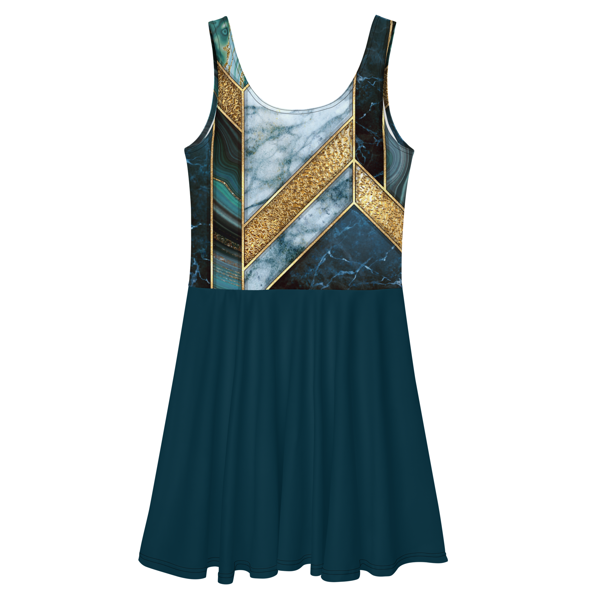 back of Turquoise Marble Gold Skater Dress by Fitness for Worship