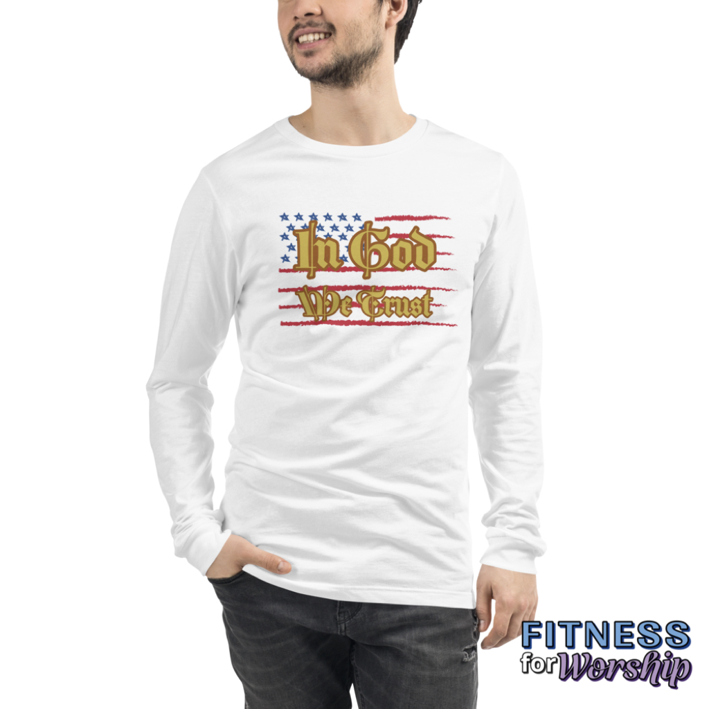 man wearing white In God We Trust Long Sleeve T-Shirt by Fitness for Worship