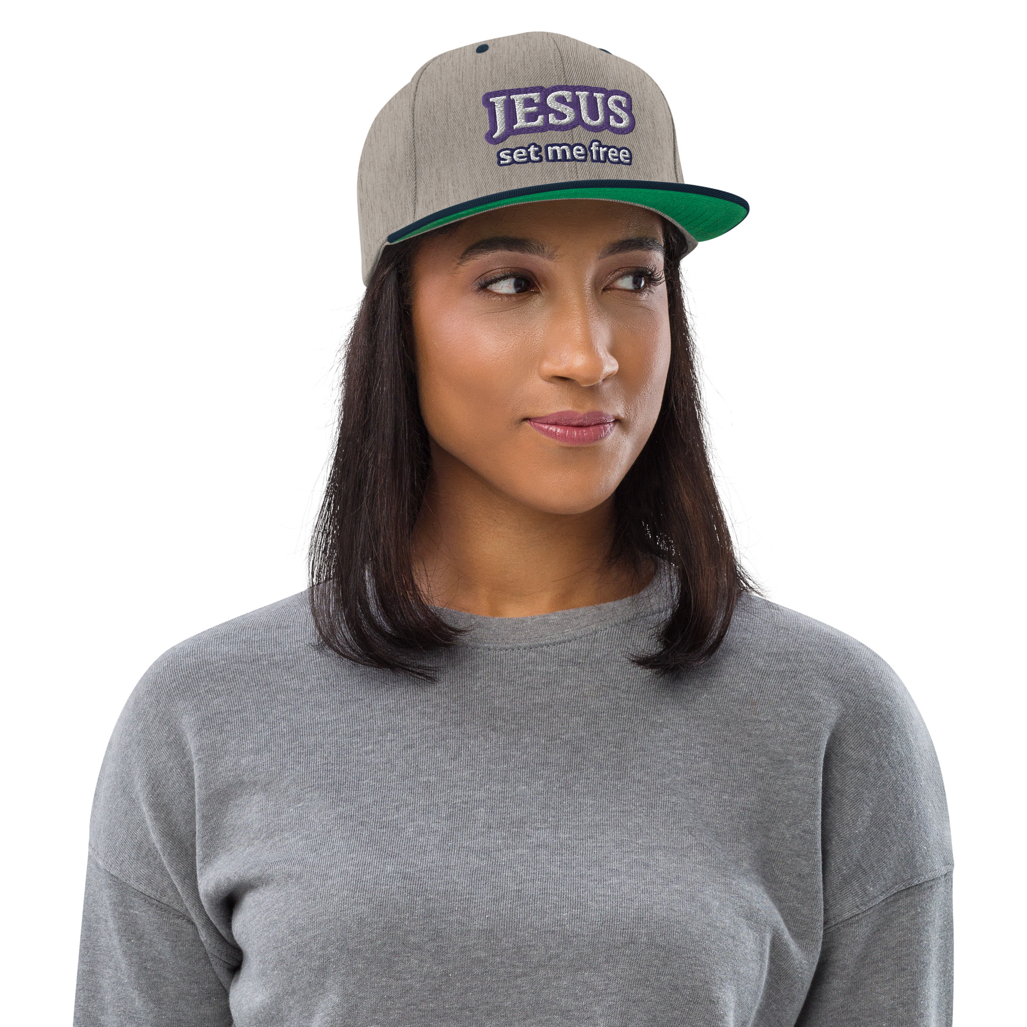 woman wearing JESUS Set Me Free Two-Tone Snapback Hat by Fitness for Worship
