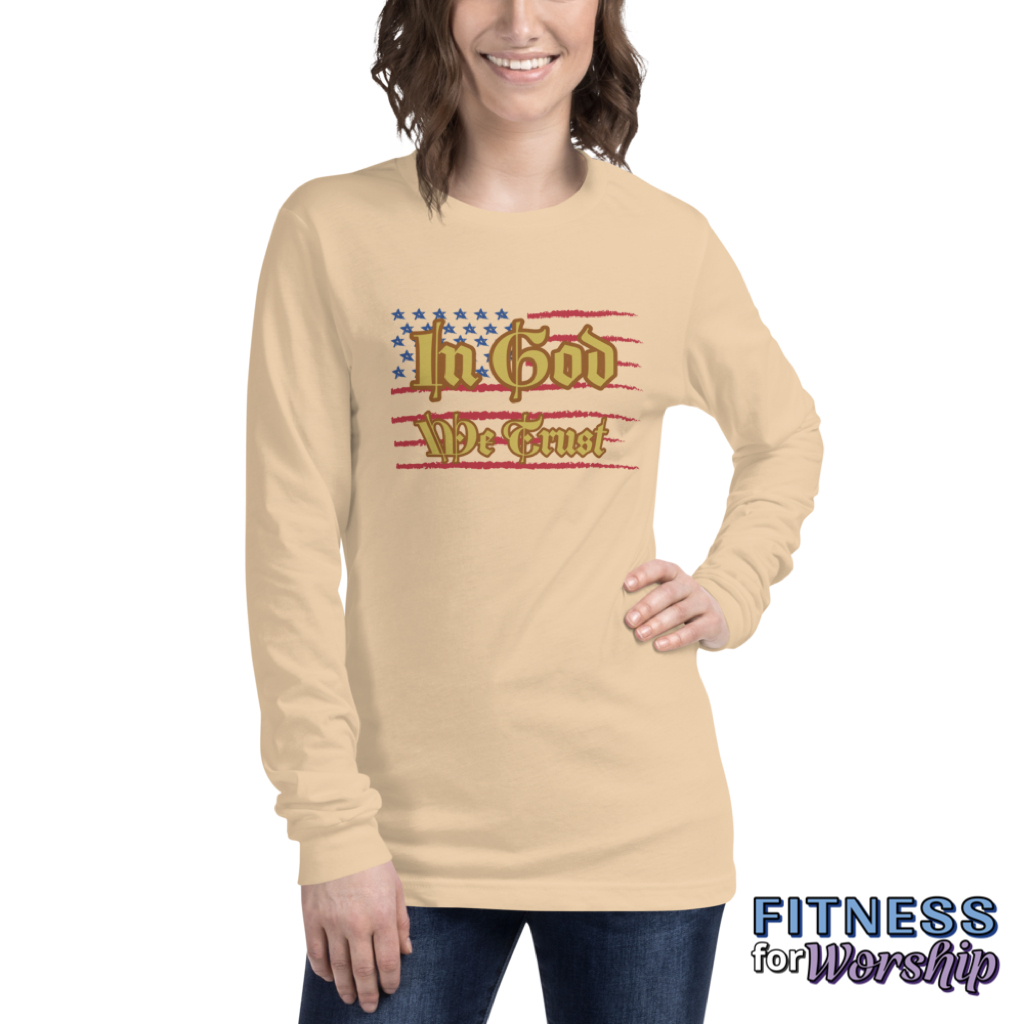 woman wearing In God We Trust Long Sleeve T-Shirt by Fitness for Worship