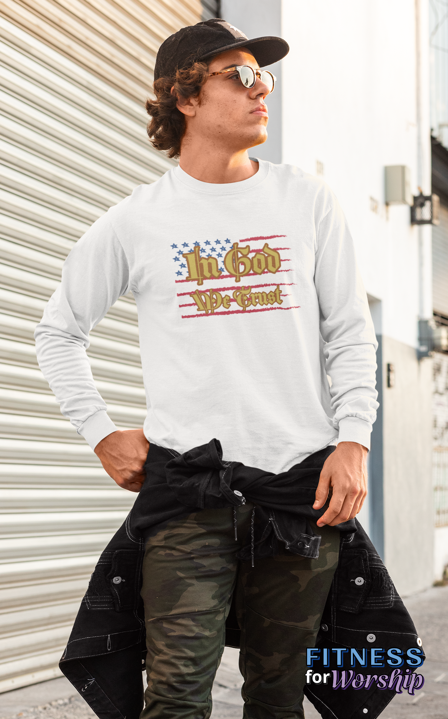 Man wearing white "In God We Trust" Long Sleeve Tee by Fitness for Worship