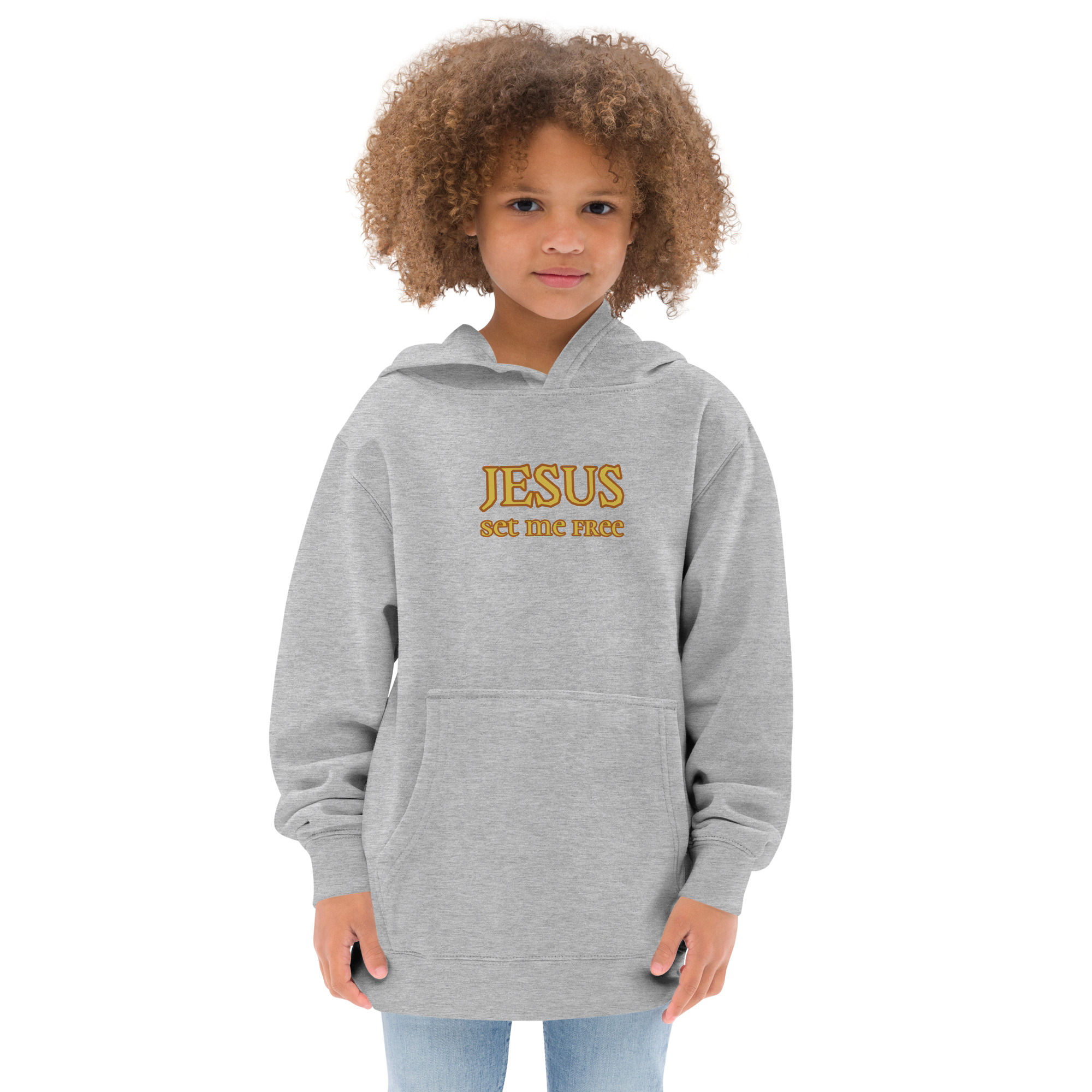 girl wearing athletic heather “Jesus Set Me Free” Fleece Hoodie for Kids by Fitness for Worship