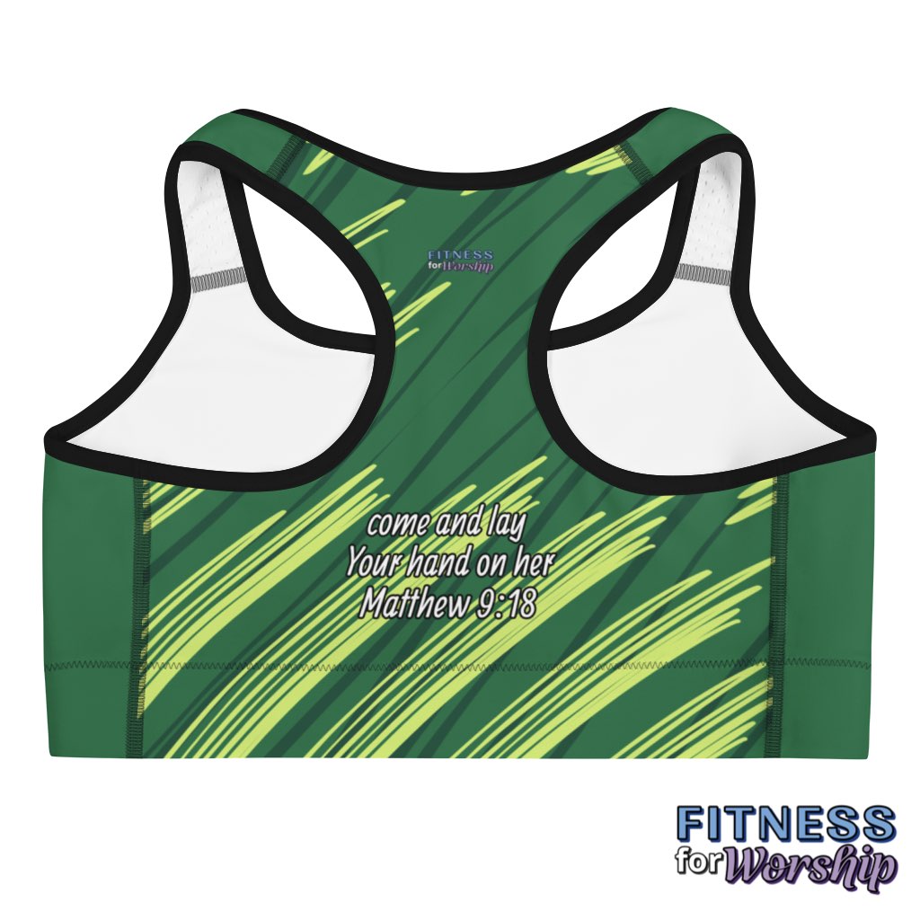 back of “She Will Live” Matthew 9:18 Green Sports Bra by Fitness for Worship